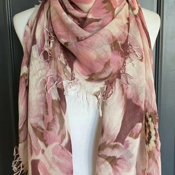 New Authentic Chan Luu Peony Floral Print Cashmere Silk Scarf Color: Tawny Port - Picture 2 of 7
